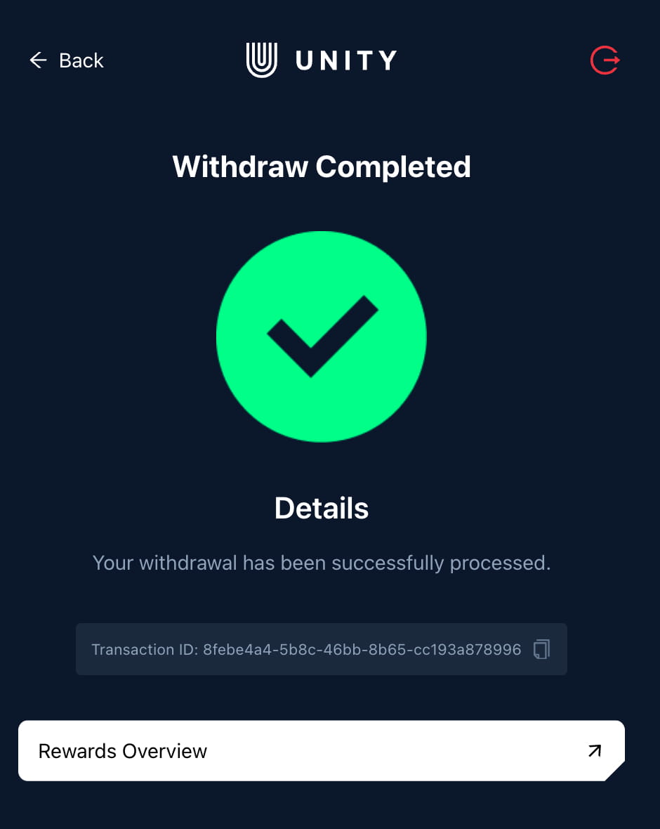 Unity rewards withdrawal completed screen