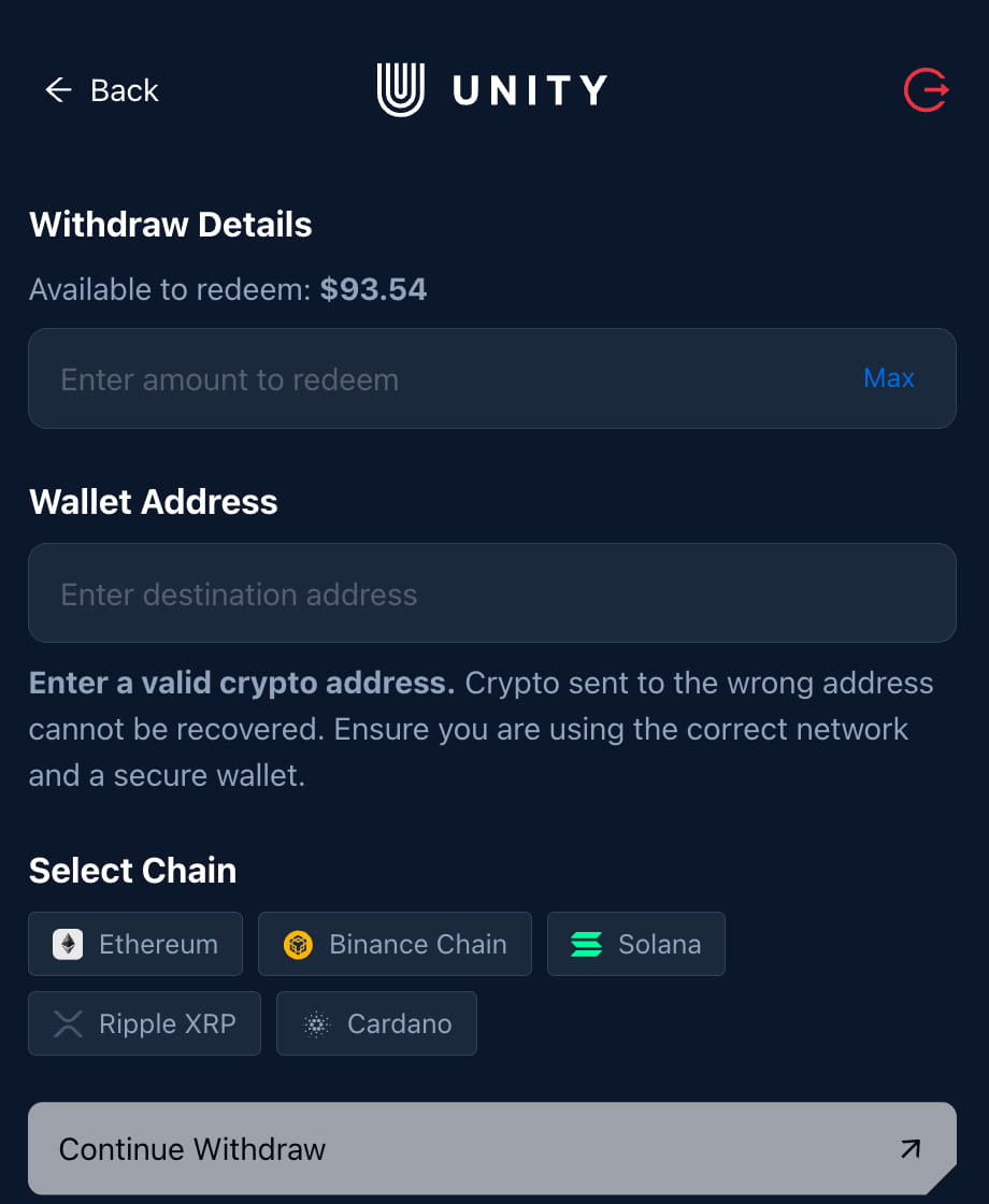 Unity rewards withdrawal details screen